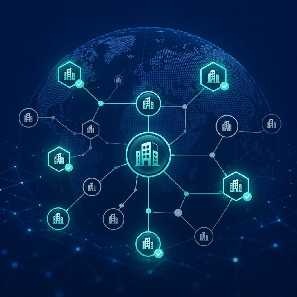 Παγκόσμιο δίκτυο επαληθευμένων και μη επαληθευμένων νομικών οντοτήτων που απεικονίζει τη διαδικασία KYB χρησιμοποιώντας κωδικούς LEI